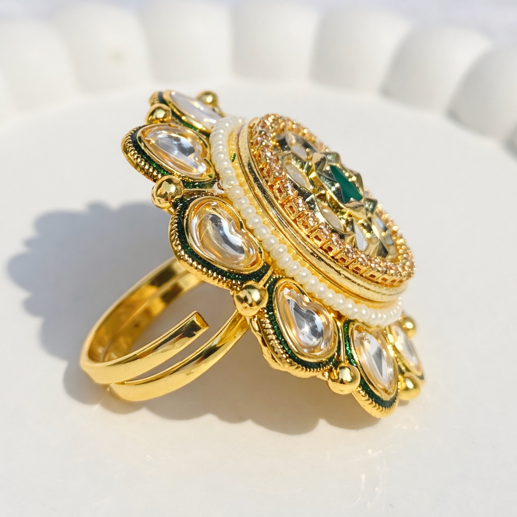 Emerald Bloom Kundan Statement Adjustable Ring - Image 2