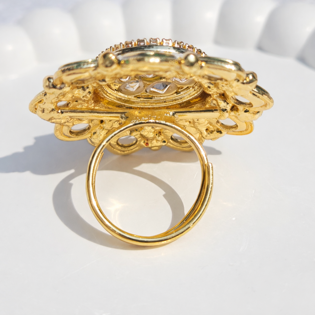 Emerald Bloom Kundan Statement Adjustable Ring - Image 3