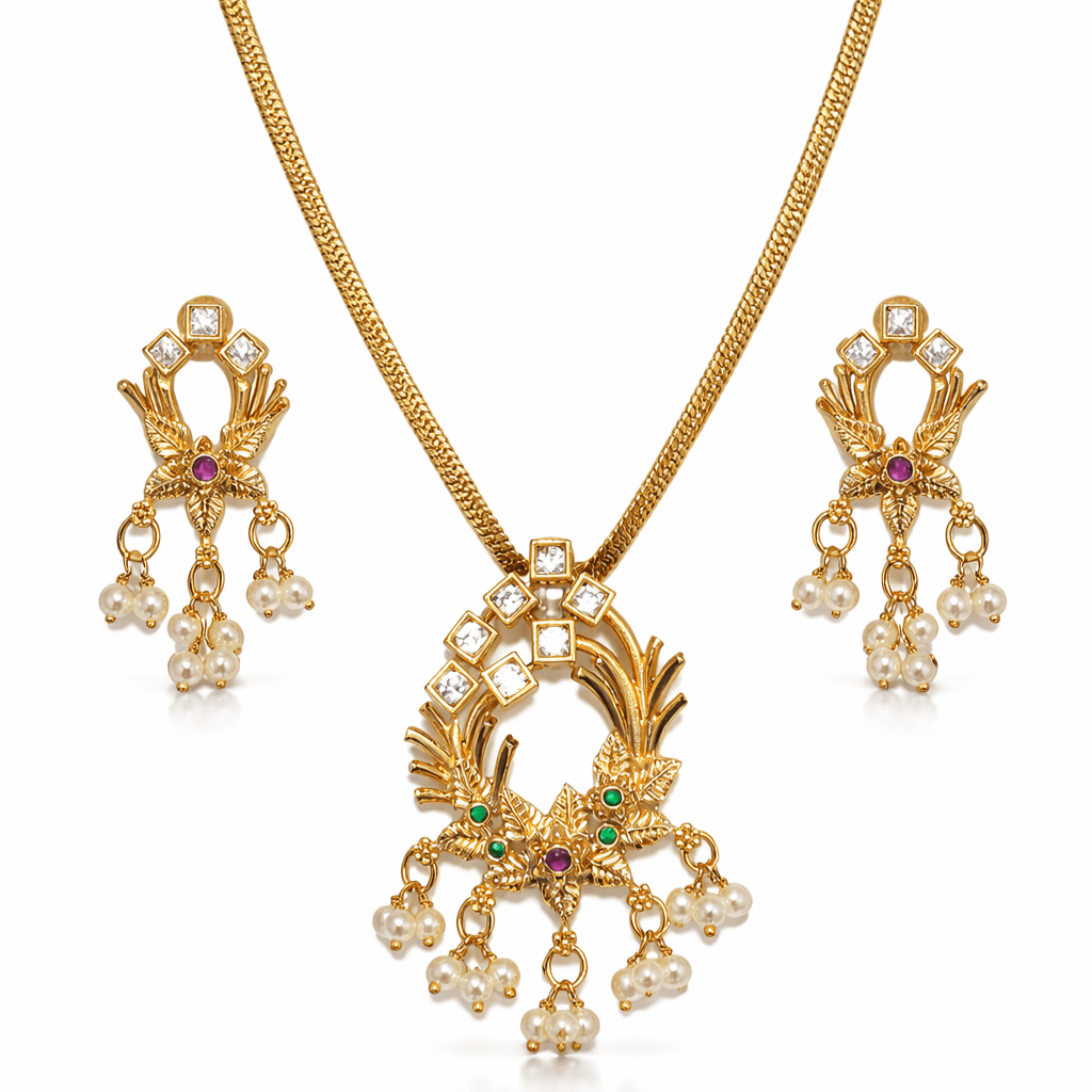 Gold Plated Traditional Kundan Pendant Necklace Set with Pearl Drop Detailing and Matching Earrings - Image 2